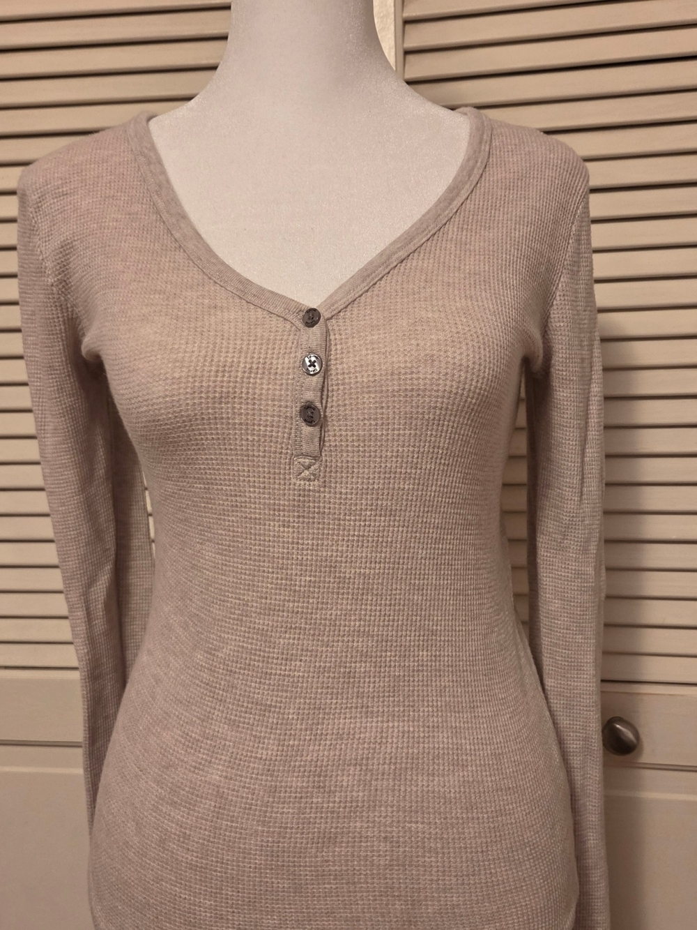 Waffle Knit Henley Long Sleeve Top in Light Taupe